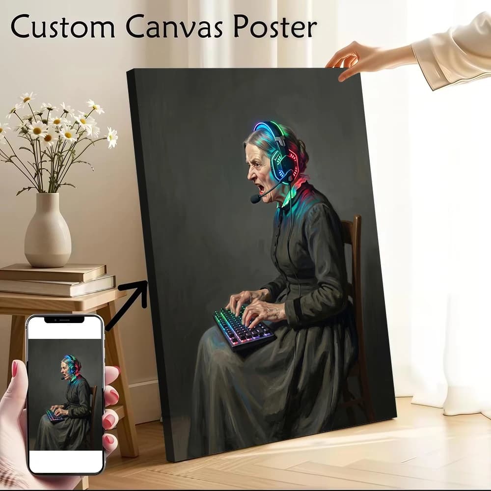 Poster su Tela Stampato 'Whistler's Mother Gaming With Neon Headset', Quadri Personalizzati, Arte Murale su Tela per Decorazione, Murale di Lusso