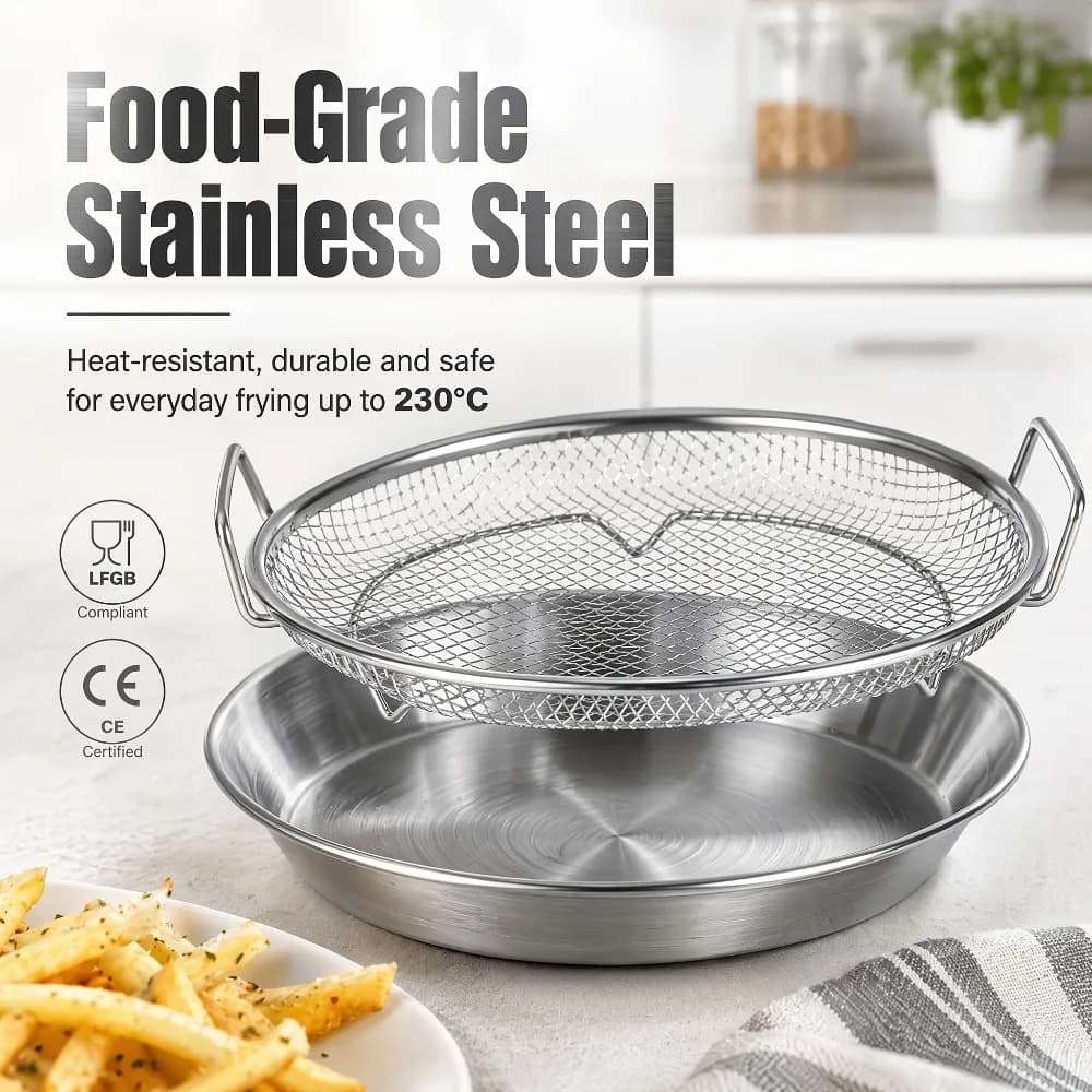 2Pcs Stainless Steel Frying Draining Basket Set Tray Round Oil Drain Basket Air Fryer Liner Kitchen Accessories Tool