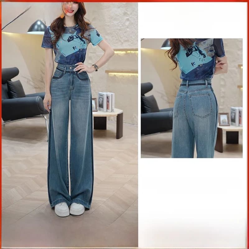 Jeans Estivi Sottili Blu Chiaro a Gamba Dritta da Donna, Pantaloni a Vita Alta a Gamba Larga Stile Casual in Denim con Trattamento Anti-Piega