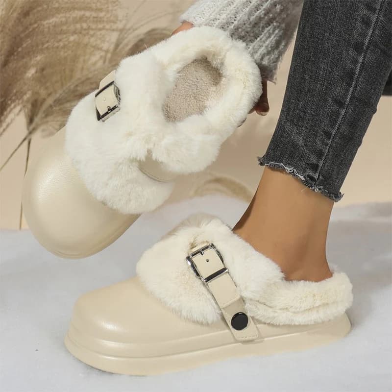 Pantofole in pelliccia con suola spessa impermeabili da donna punta chiusa soffici pantofole da casa calde donna fibbia Detor scarpe da soggiorno leggere Lady