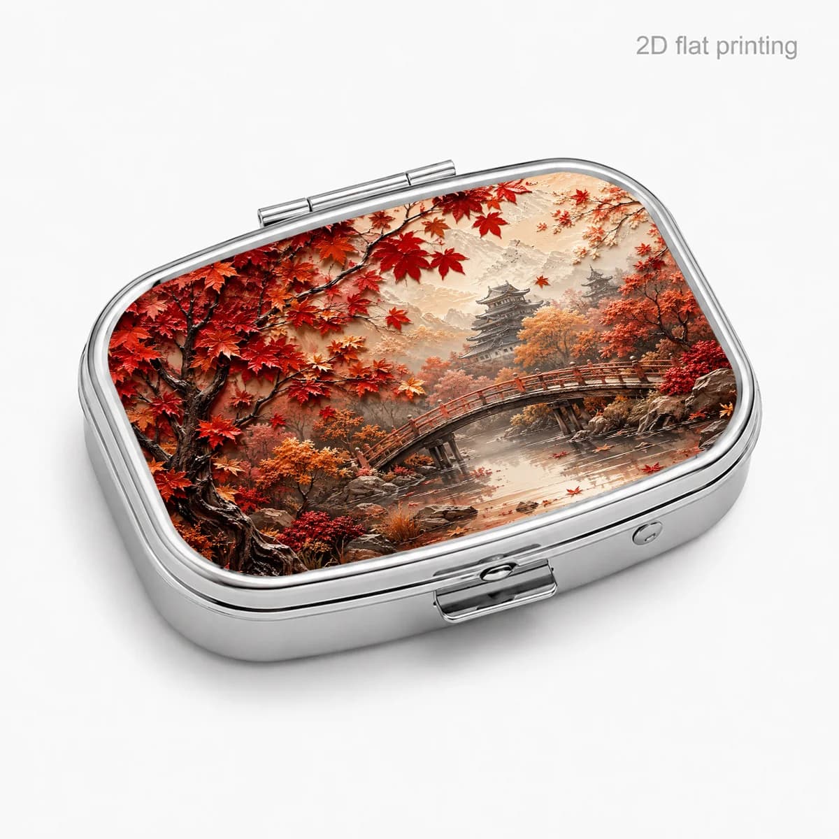 Single pack, flat print, red maple wood castle design, portable daily travel storage box, square moisture-proof small box, multifunctional storage box for vitamins and supplements, small jewelry storage box, waterproof storage box