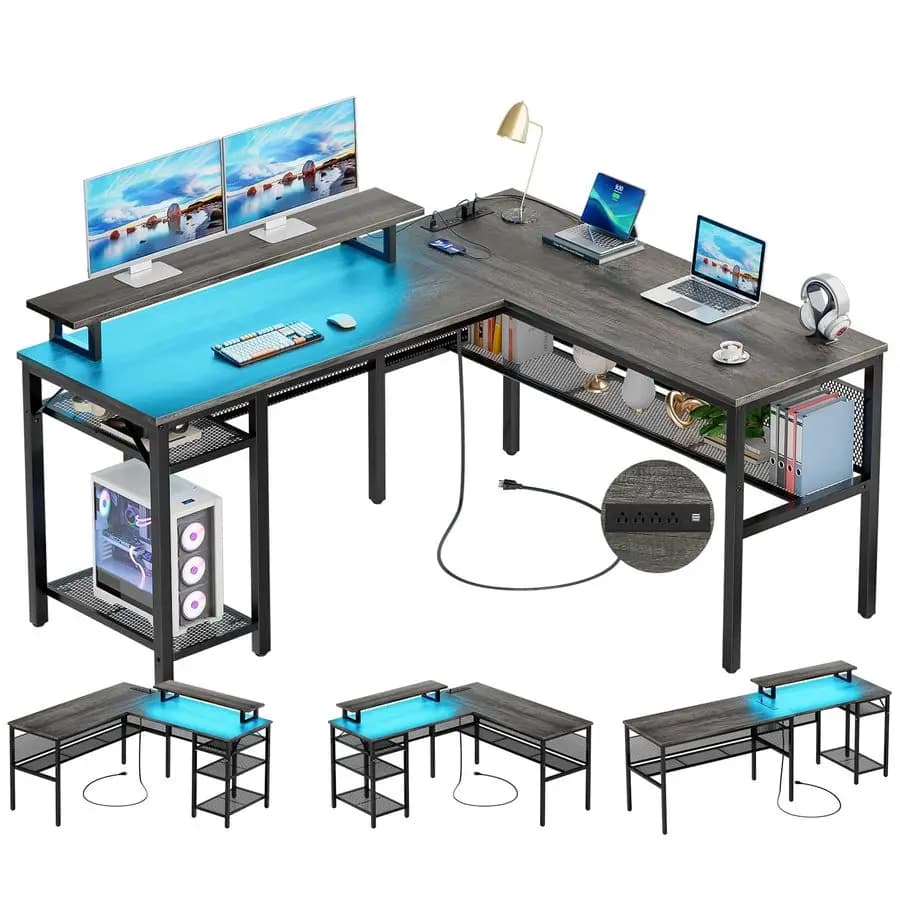 L desk with Intelligent electric sockets and LED light, 55 Inch Reversible Corner Desk with Monitor Support, U