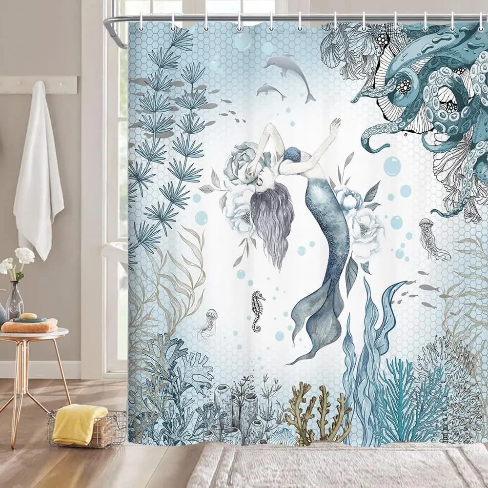 Tenda Doccia a Tema Sirena, Mare, Oceano, Polpo, Barriera Corallina, Pesci, Conchiglie, Meduse - Tenda da Bagno in Tessuto per Bagno a Tema Marino