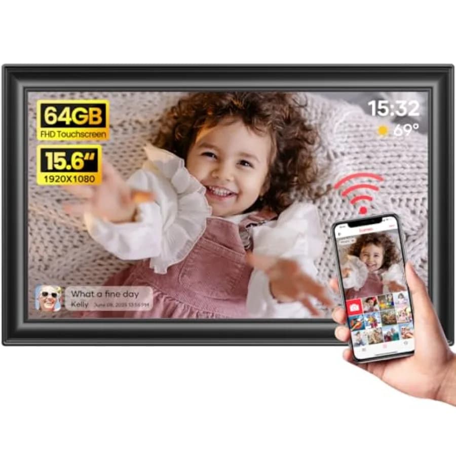 Cornice digitale Frameo da 64GB e 15.6 pollici, WiFi, grande cornice elettronica per foto, schermo touch IPS FHD 1920 x 1080, invia foto da Yo