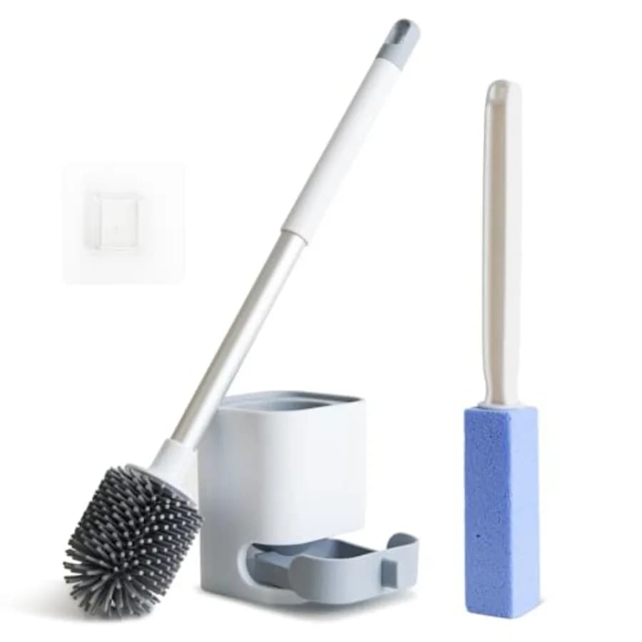 Spazzola per la pulizia del WC, spazzola in silicone + pietra pomice per la pulizia del WC, con manico lungo antiscivolo, montaggio a parete/su pavimento