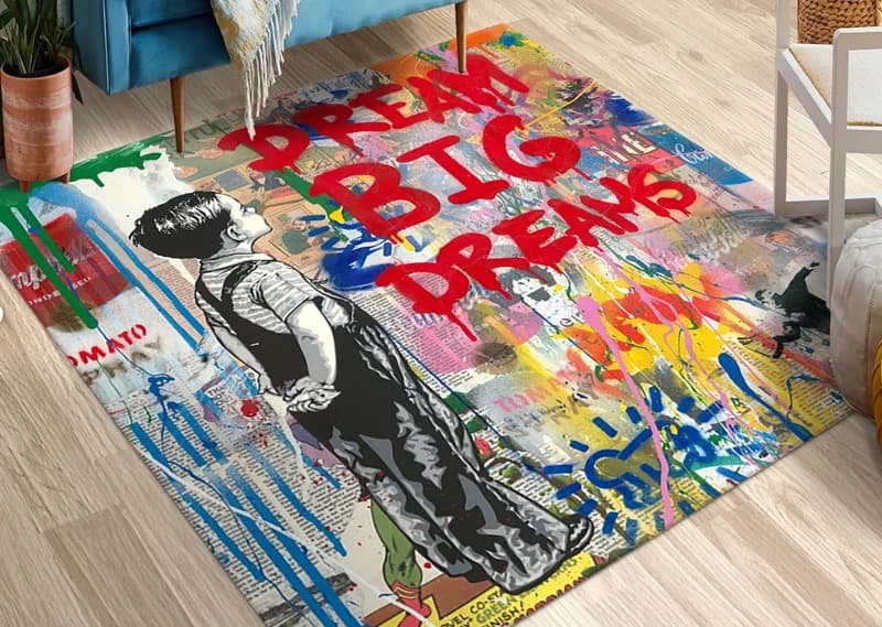 Graffiti Art Rug "Dream Big Dreams" Pop Street Style Living Room Carpet Modern Home Decor Floor Mat for Bedroom Sofa Area