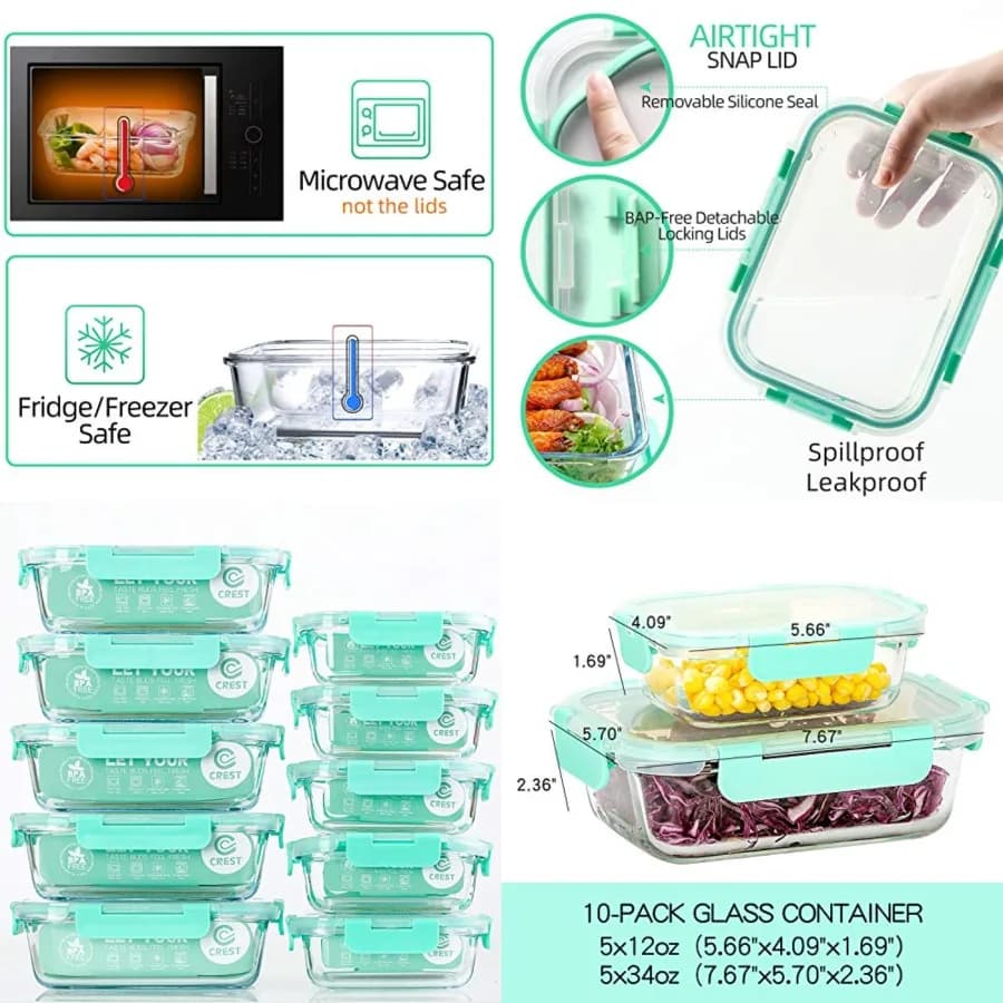 Set di 10 Contenitori in Vetro per Alimenti con Coperchi, Ermetici, Senza BPA, Contenitori per Preparazione Pasti per Cucina e Uso Domestico