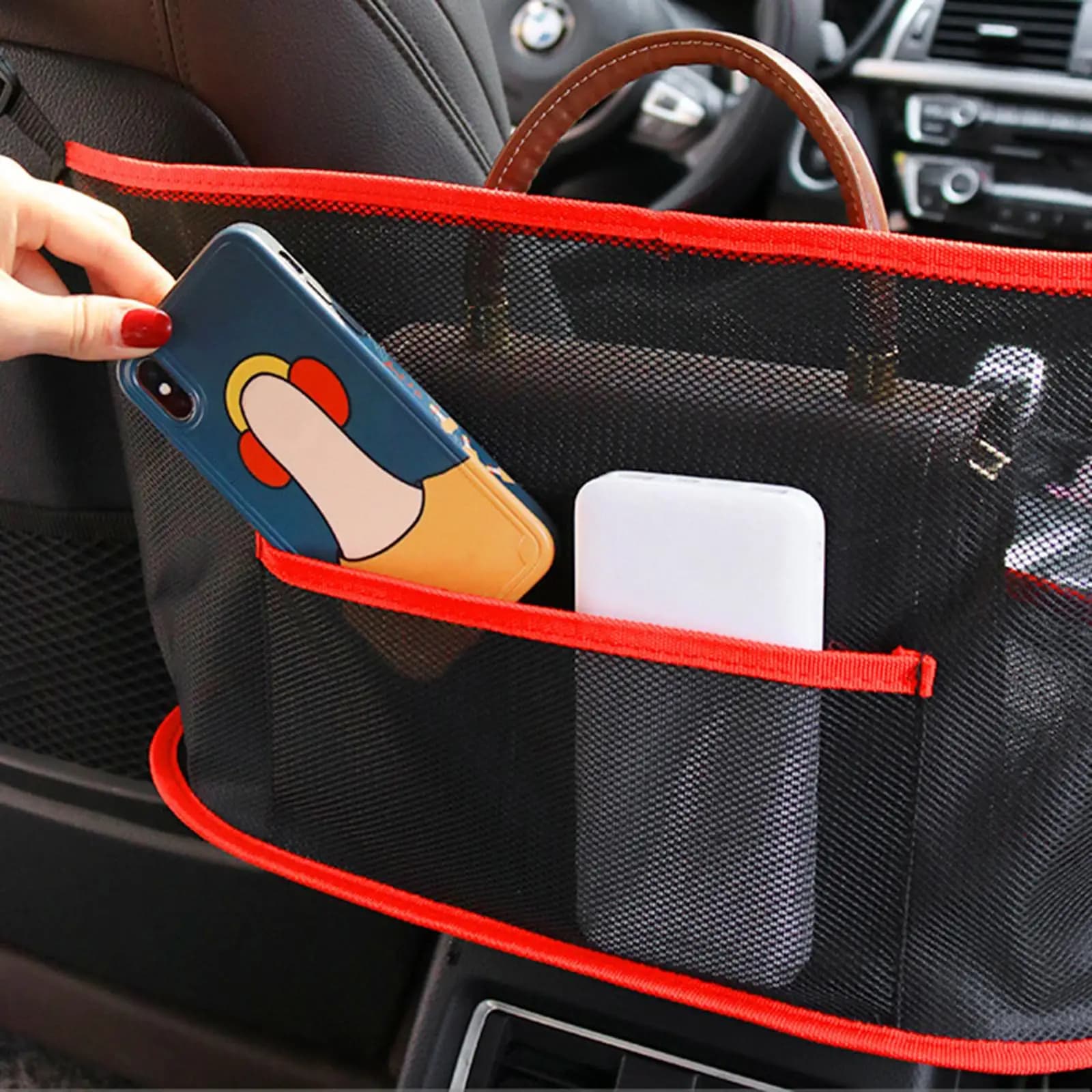 Car handbag holder between seats, front seat mesh pocket for