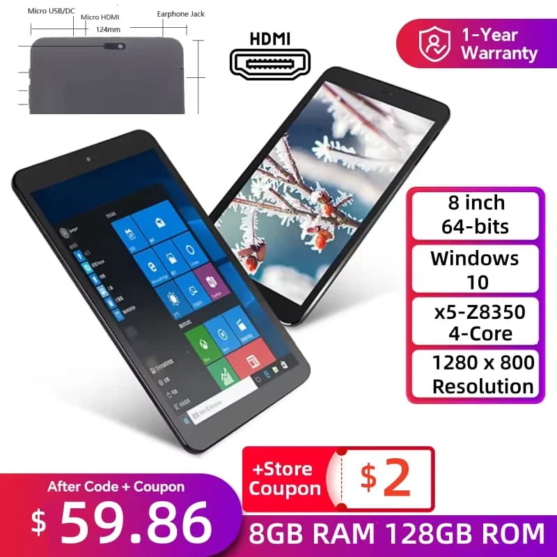 8 GB RAM 128 GB ROM 8 "AR2 Windows 10 Tablet PC WIFI Bluetooth x5-Z8350 Quad Core 1280 x 800IPS Doppia fotocamera