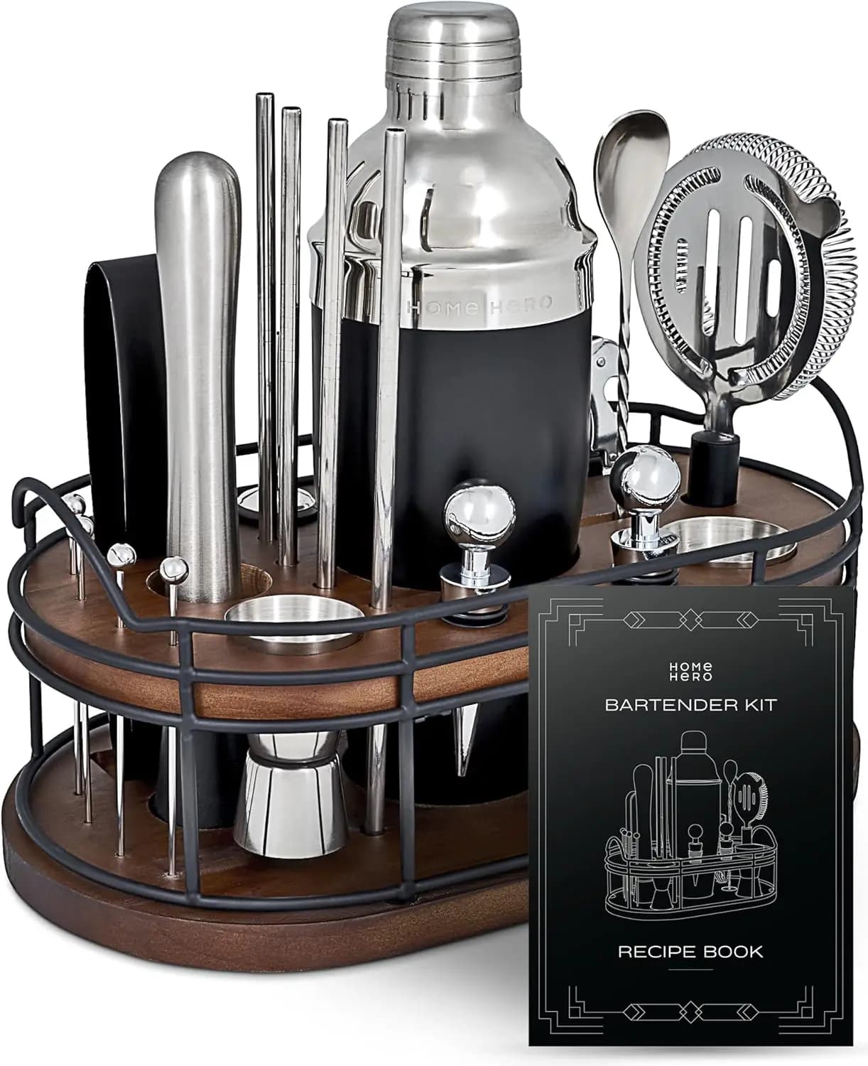 Kit da Barman - Set di 22 Pezzi per Cocktail con Shaker e Accessori da Bar - Espositore in Legno e Accessori per Carrello Bar - Libro di Ricette e Ho