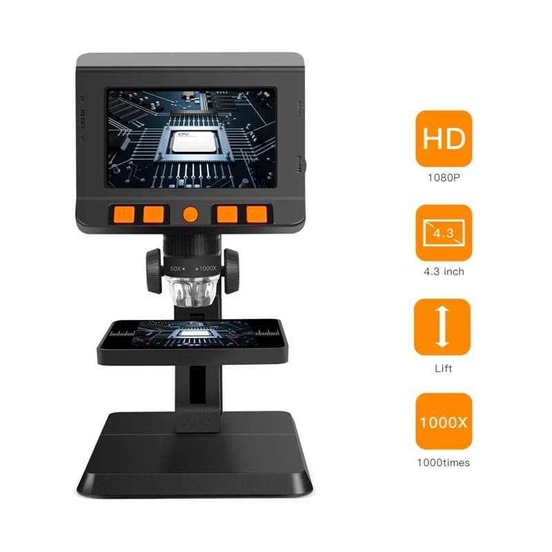 Microscopio digitale LCD IPS da 4,3 '' Fotocamera 1-1000X Zoom HD1080P Microscopi video Monitor 8 LED Lente d'ingrandimento elettronica Supporto sollevabile