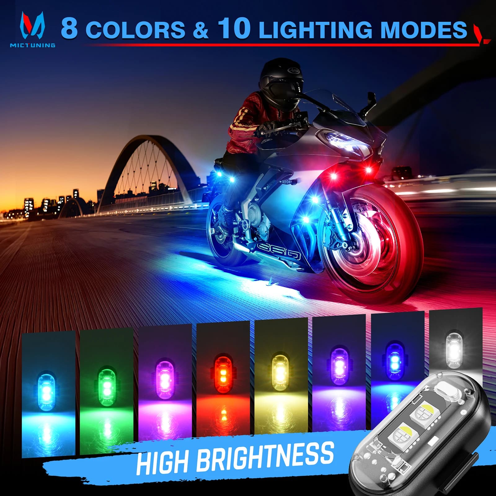 MICTUNING Wireless LED strobe lights with remote control, 8-color USB charging lights for motorcycle drone