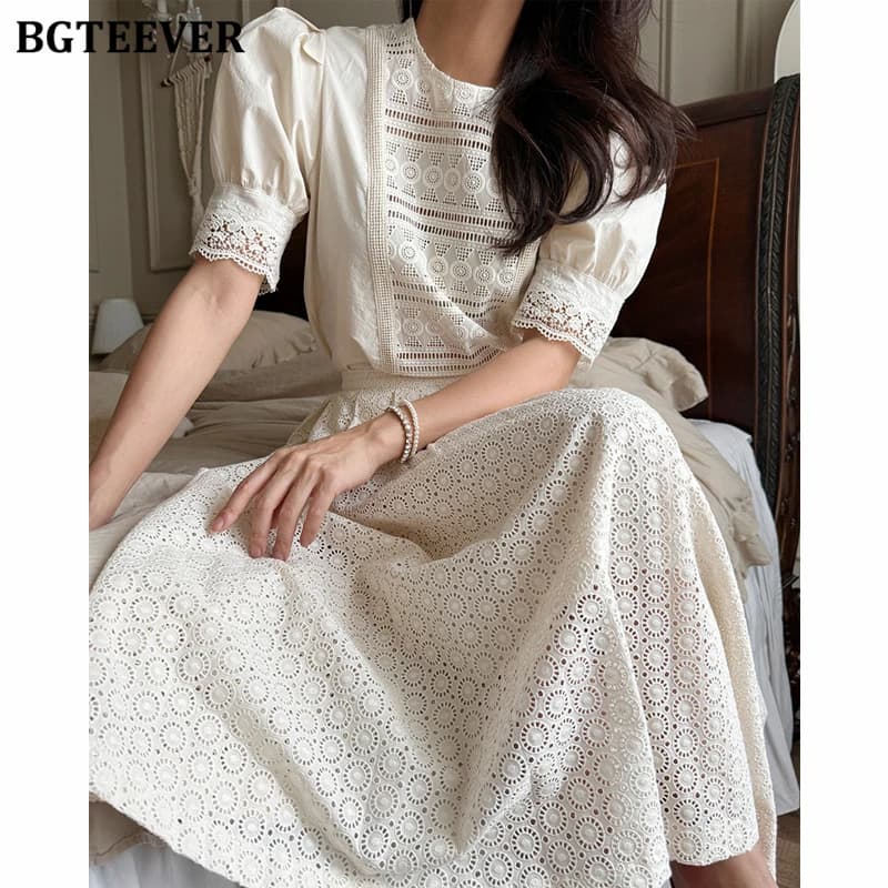 BGTEEVER Gonne da donna vintage estive Set maniche a sbuffo Camicette scavate Gonne a trapezio femminili Abiti da donna