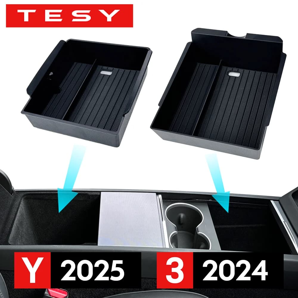 For Tesla New Model Y 2025 Launch Juniper Model 3 Highland 2024 Center Console Storage Box Armrest Box Upper&Lower Silicone Pad
