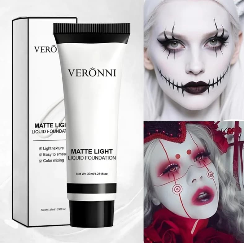 Fondotinta Liquido Opaco VERONNI Pure White 37ml per Trucco Scenico di Halloween, Copertura Forte, Colore Bianco Puro