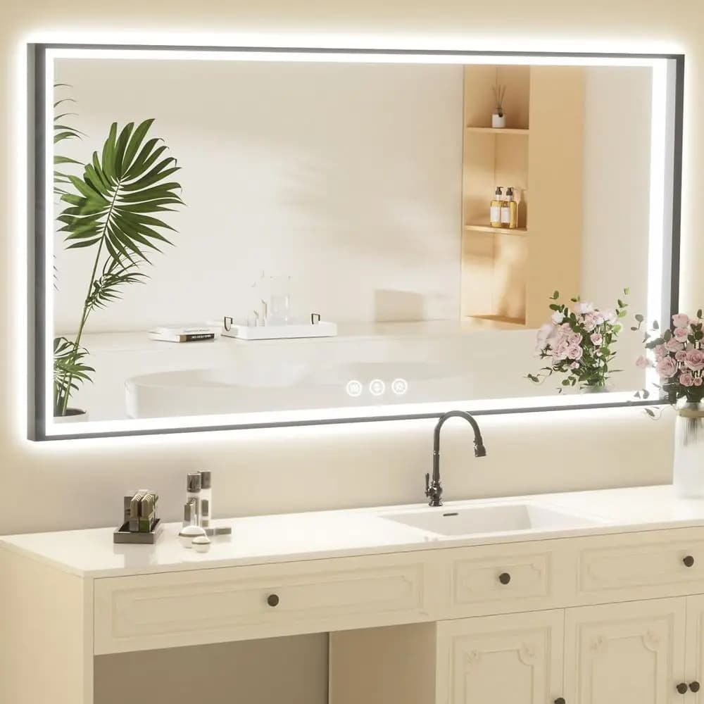 Specchio LED da Bagno 60x30 con Luci, Bordo Nero, Retroilluminato + Illuminazione Frontale, Specchio da Parete o da Bagno Illuminato, Antiappannamento, Memoria di Posizione