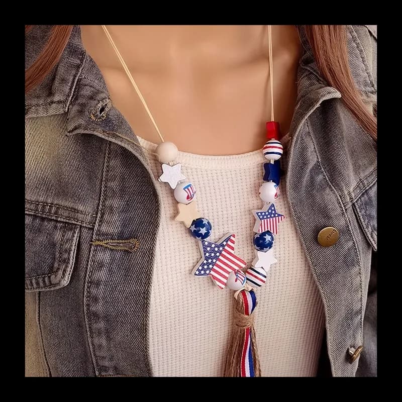 Perline di legno stampate in legno Collana lunga con ciondolo bandiera americana Collana lunga Indossare il giorno dell'indipendenza Commercio all'ingrosso di gioielli di moda da donna