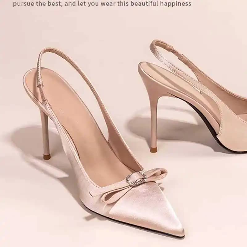 Elegant Women's Sandals with High Heel and Closed Point, New Collection 2025, in Satin with Bow, Fashion Summer Shoes