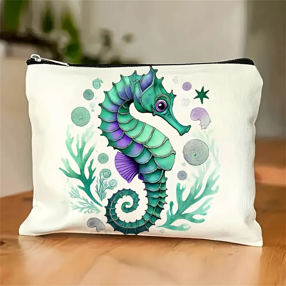 Una borsa per il trucco con motivo Seahorse: custodia multifunzionale con cerniera, borsa per riporre gioielli, piccola borsa portaoggetti con cerniera da viaggio perfetta.