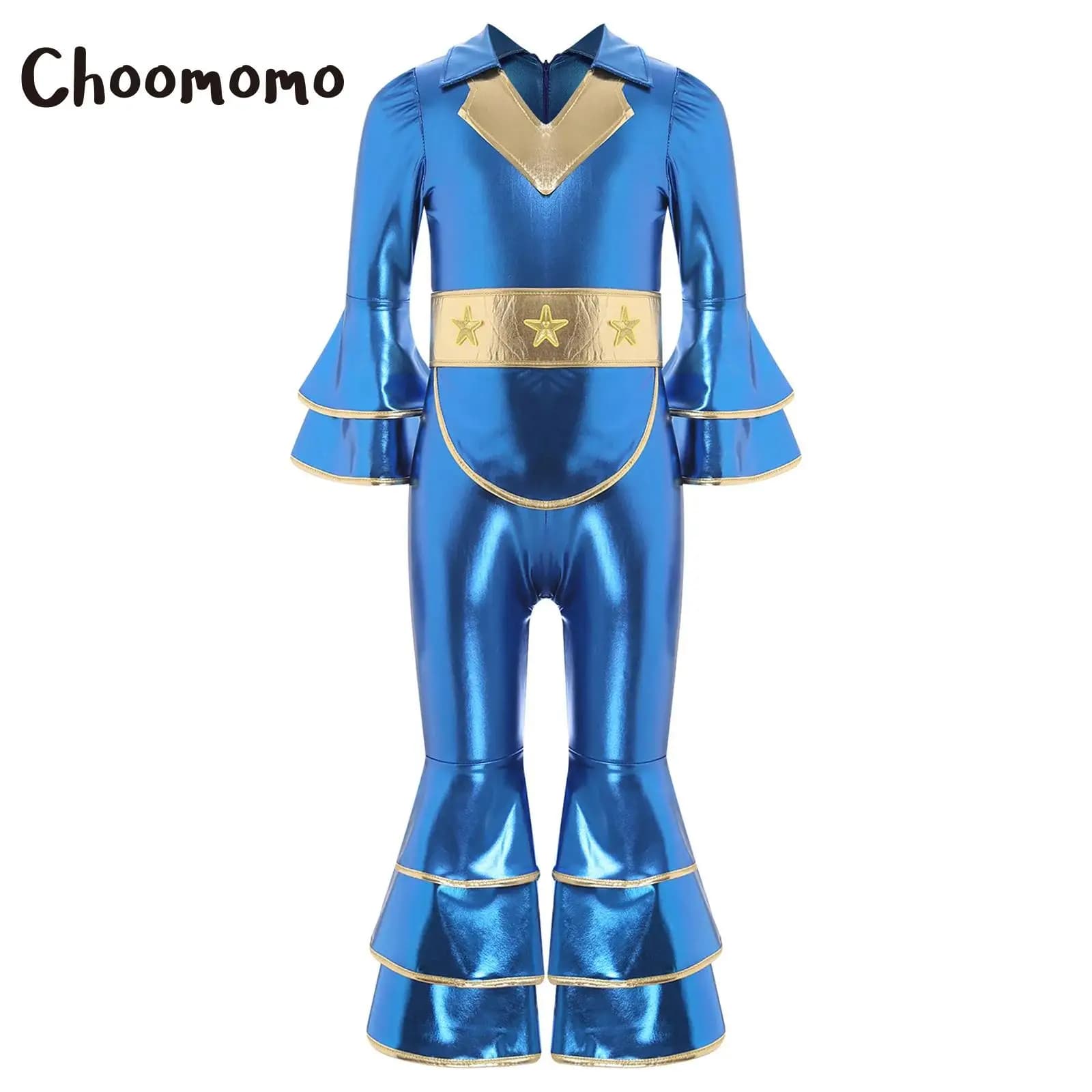 Costume da discoteca per bambina, tuta cosplay hippie di Halloween, vestito lucido con polsini a strati e cintura dorata, travestimento di carnevale