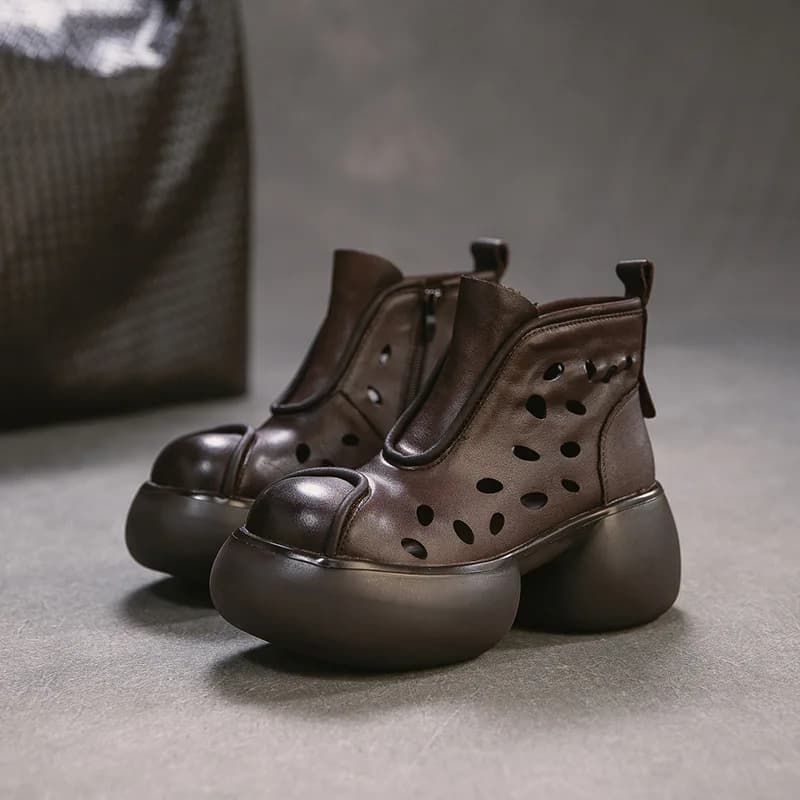 6.5cm Cow Genuine Leather Women Summer Platform Wedge Comfy Hollow Flats Retro Sandals Loafer Shoes Ankle Booties