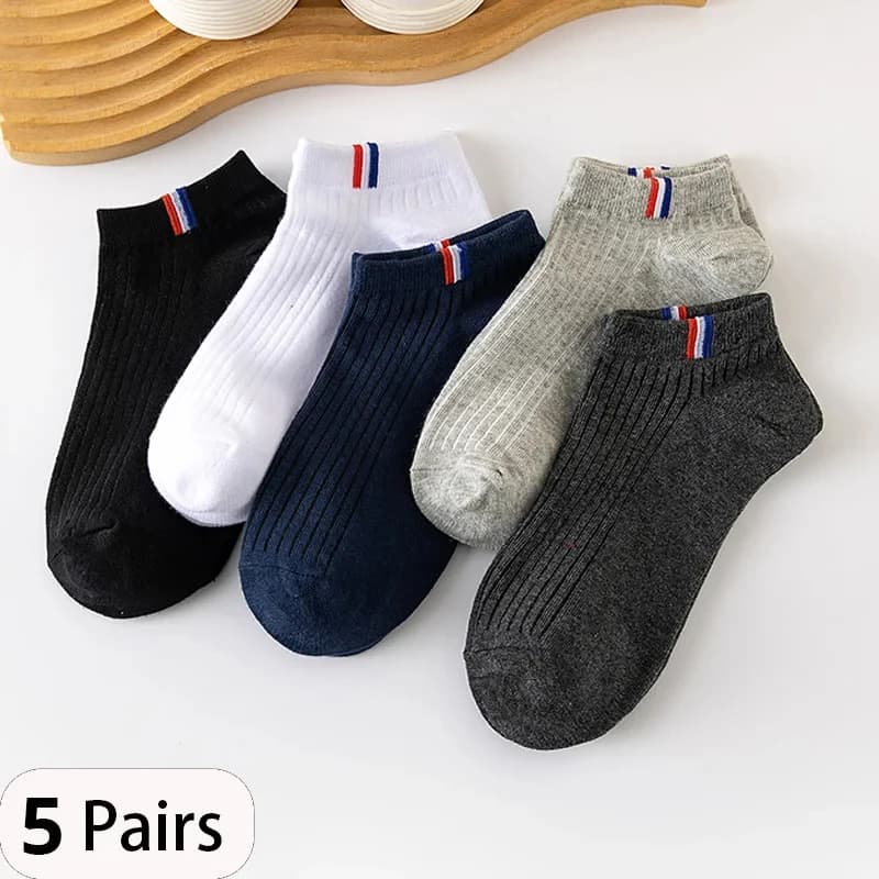 5 Pairs Of Thin Plain Color Mens Casual Socks Breathable Sweat Absorbing Calibration Socks Summer Blending Boat Socks