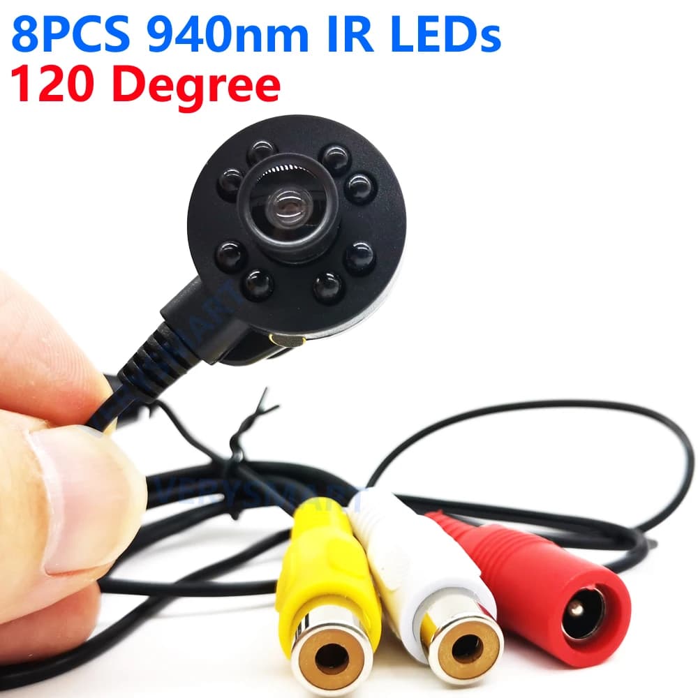 Micro mini telecamera analogica con 8 LED IR da 940 nm Obiettivo grandangolare da 120 gradi Visione notturna Videocamera audio CCTV per interni