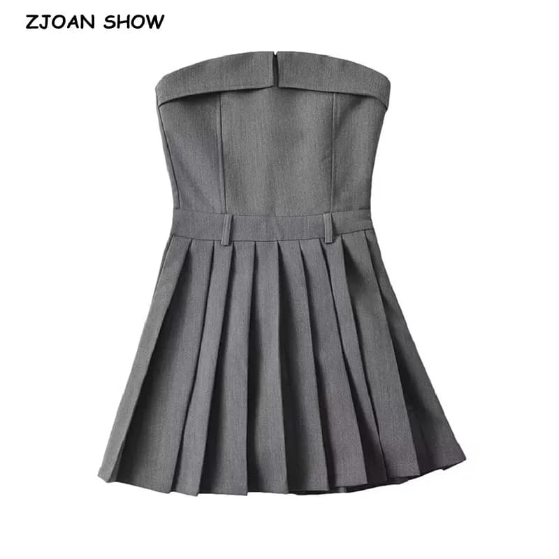 Sexy grigio increspato petto senza spalline stile Croset Mini abito Safari donna vita sottile una linea orlo pieghettato tubo top Party Robe