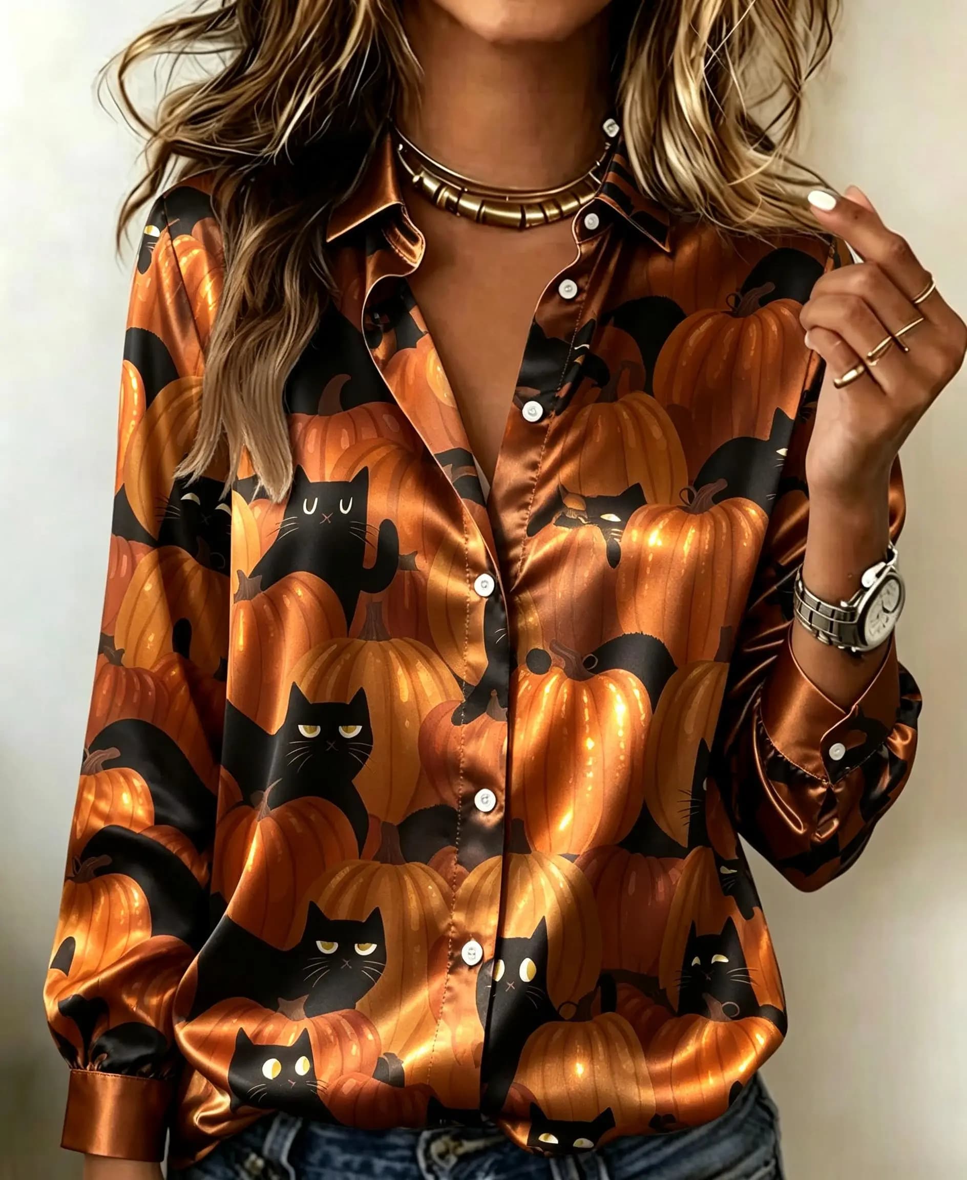 Women Long Sleeve Button Down Shirt Halloween Witch Hat Owl Pumpkin Ghost Spider Web Print Casual Blouse Tops