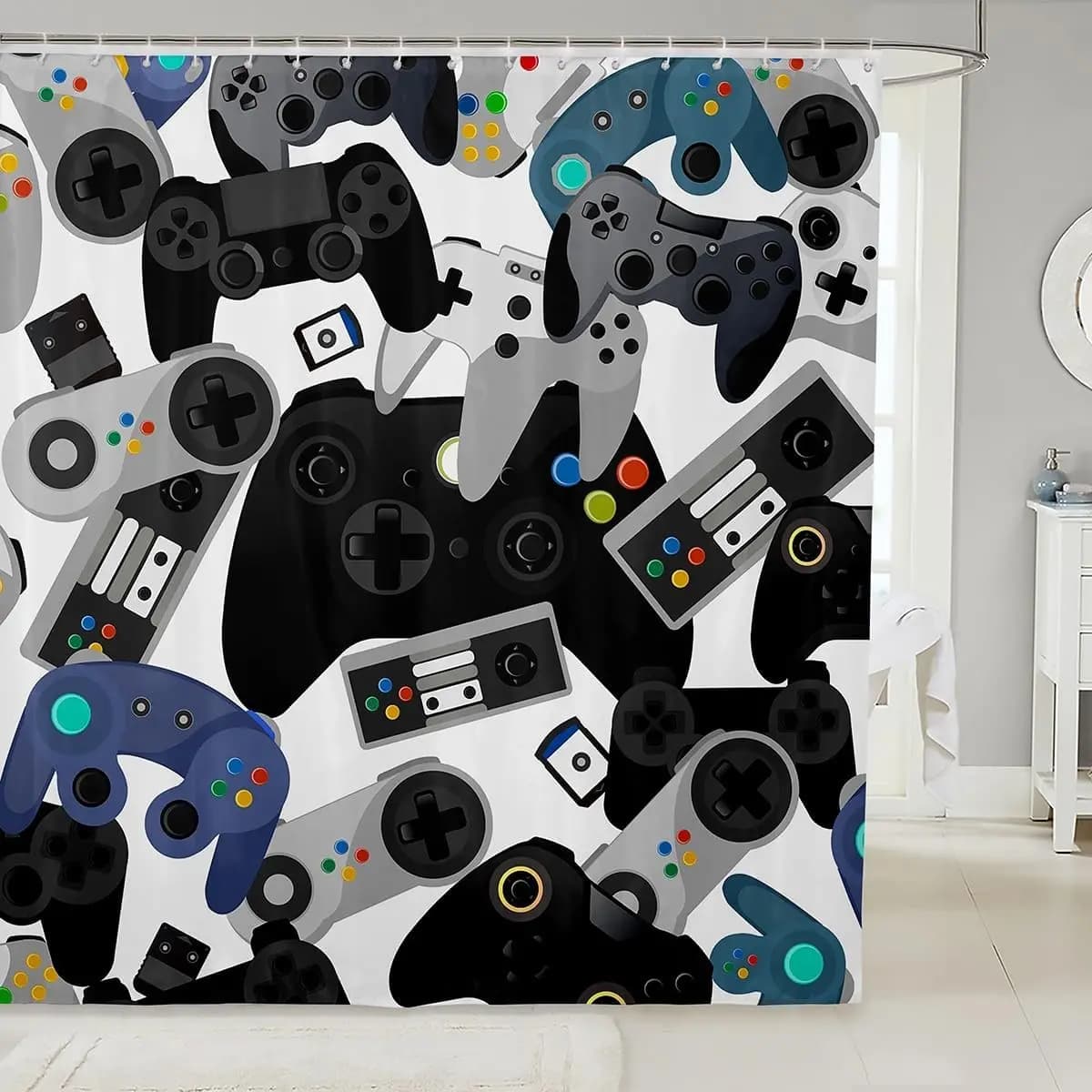 Tenda da doccia Castle Fairy Gamer con gamepad ad acquerello per bambini, ragazzi, sala giochi, decorazioni rosse, blu, bianche, nere, con ganci