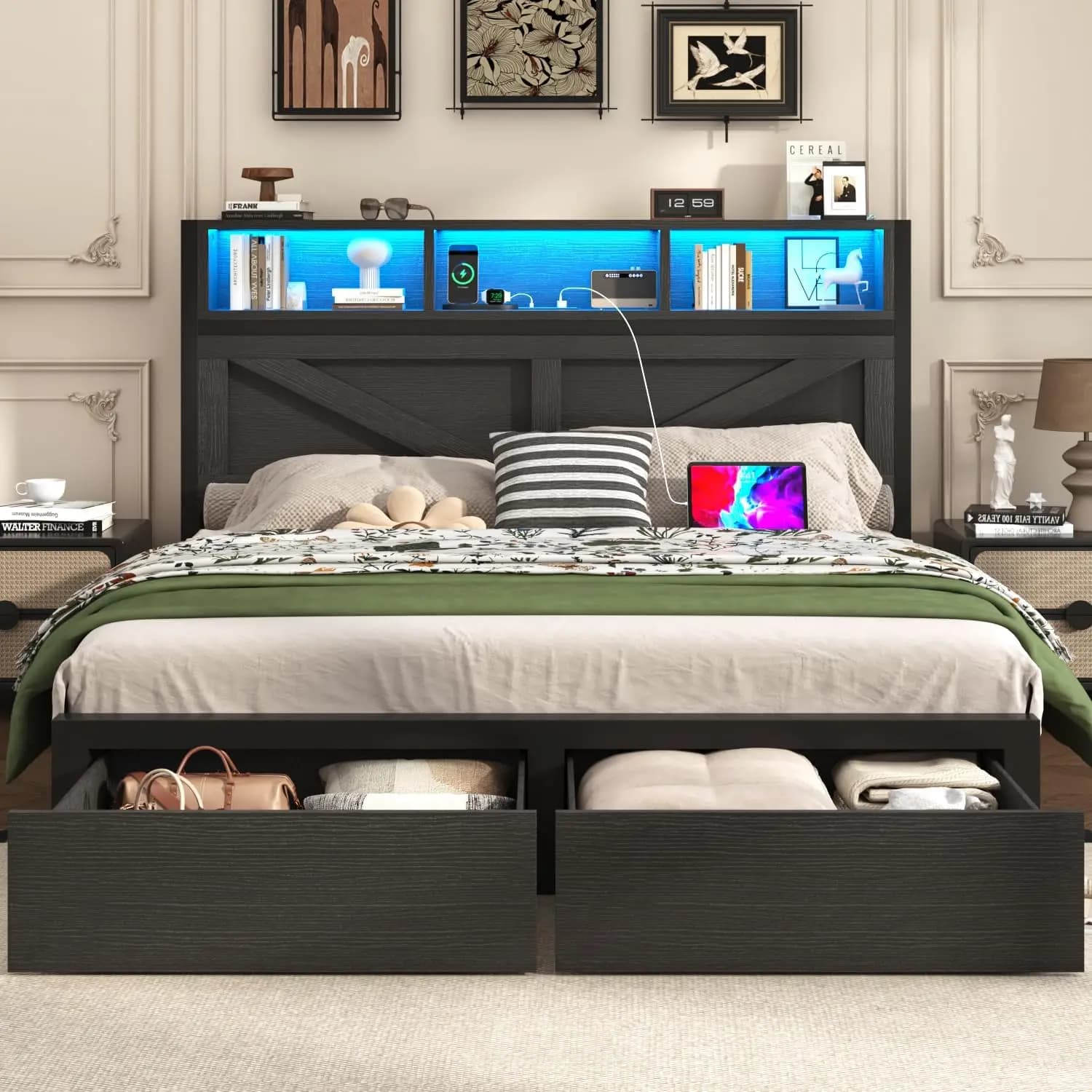 Farmhouse Bed Frame with Bookcase Storage Headboard Charging Station LED Light and 2 Storage Drawers Noise Free No Box Spring Ne