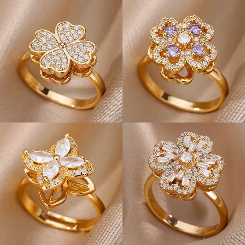 Anello Antistress Girevole a Quadrifoglio Dorato, Regolabile in Acciaio Inossidabile, Fede Nuziale