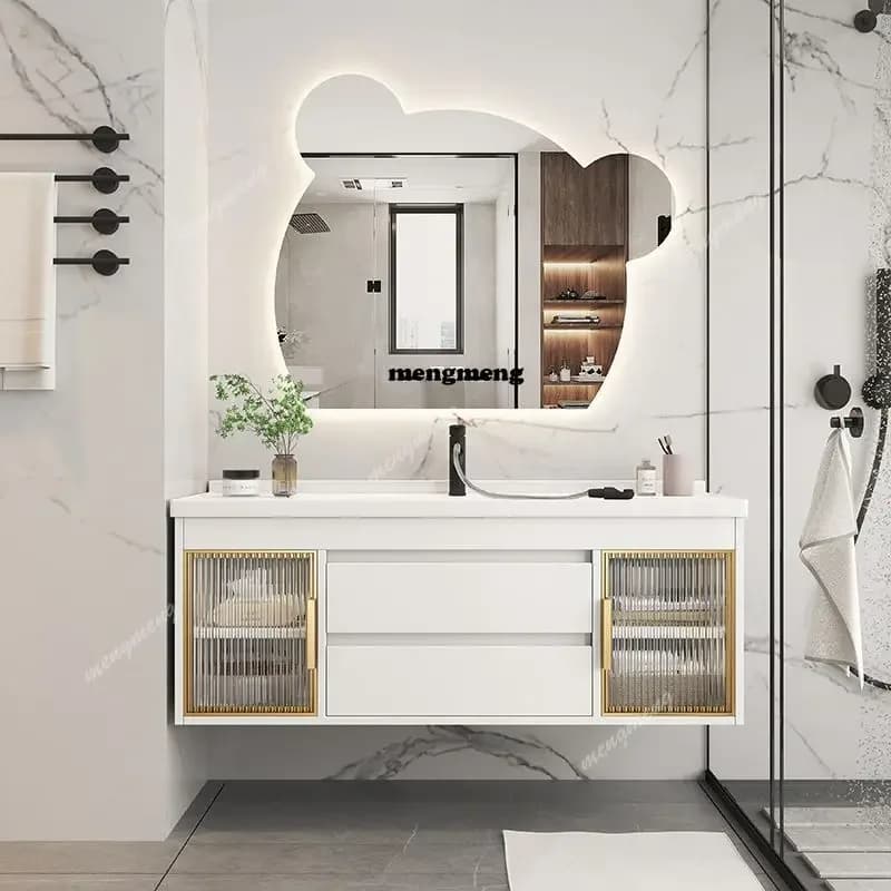 Nuovo design: Mobile bagno di lusso con lavabo integrato in ceramica, specchio smart in legno massello e cassetti