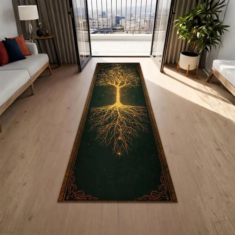 Dark Green Tree of Life Runner Rug Golden Roots Hallway Carpet Mystic Boho Mat Long Kitchen Runner Decor Gift Non Slip Washable