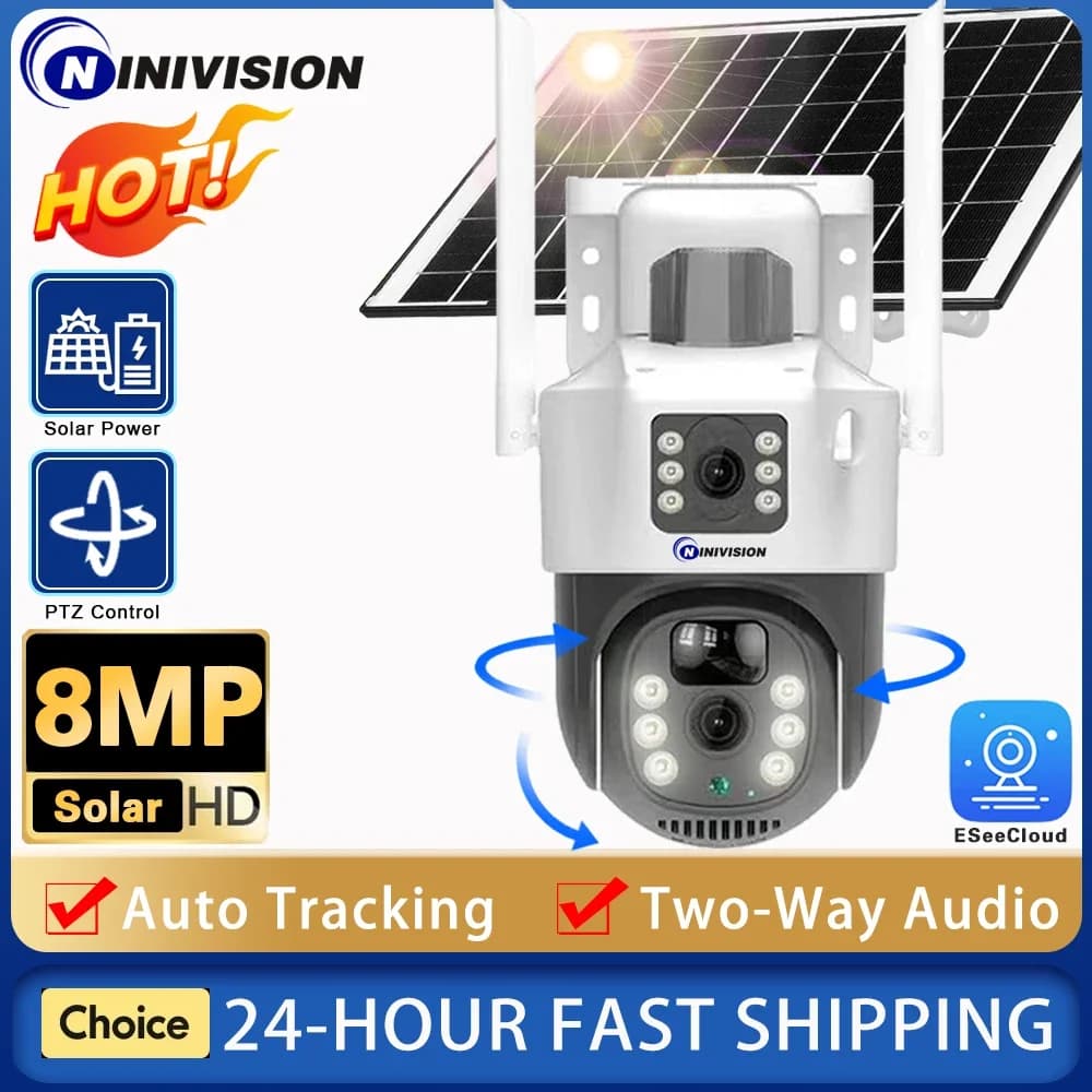 Telecamera IP Wireless Solare 4K 8MP con Batteria da 10800 mAh, Telecamera PTZ WiFi HD a Doppia Lente per Esterni con Pannello Solare, Telecamera di Sicurezza CCTV