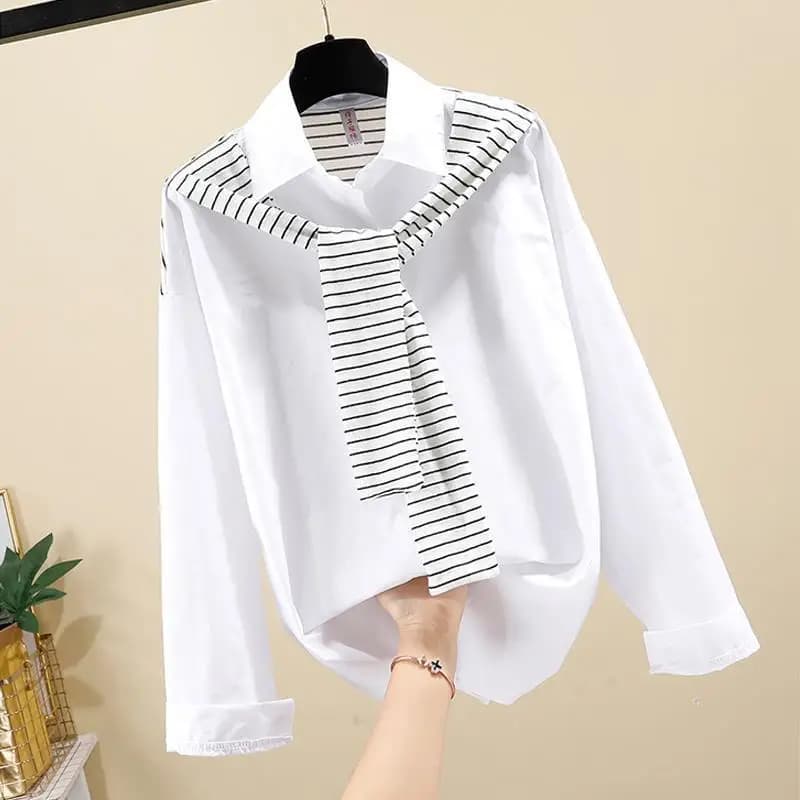 Camicie moda in due pezzi finte a maniche lunghe Top da donna Primavera Autunno Allacciatura a righe Patchwork Camicetta casual Abbigliamento di tendenza coreana