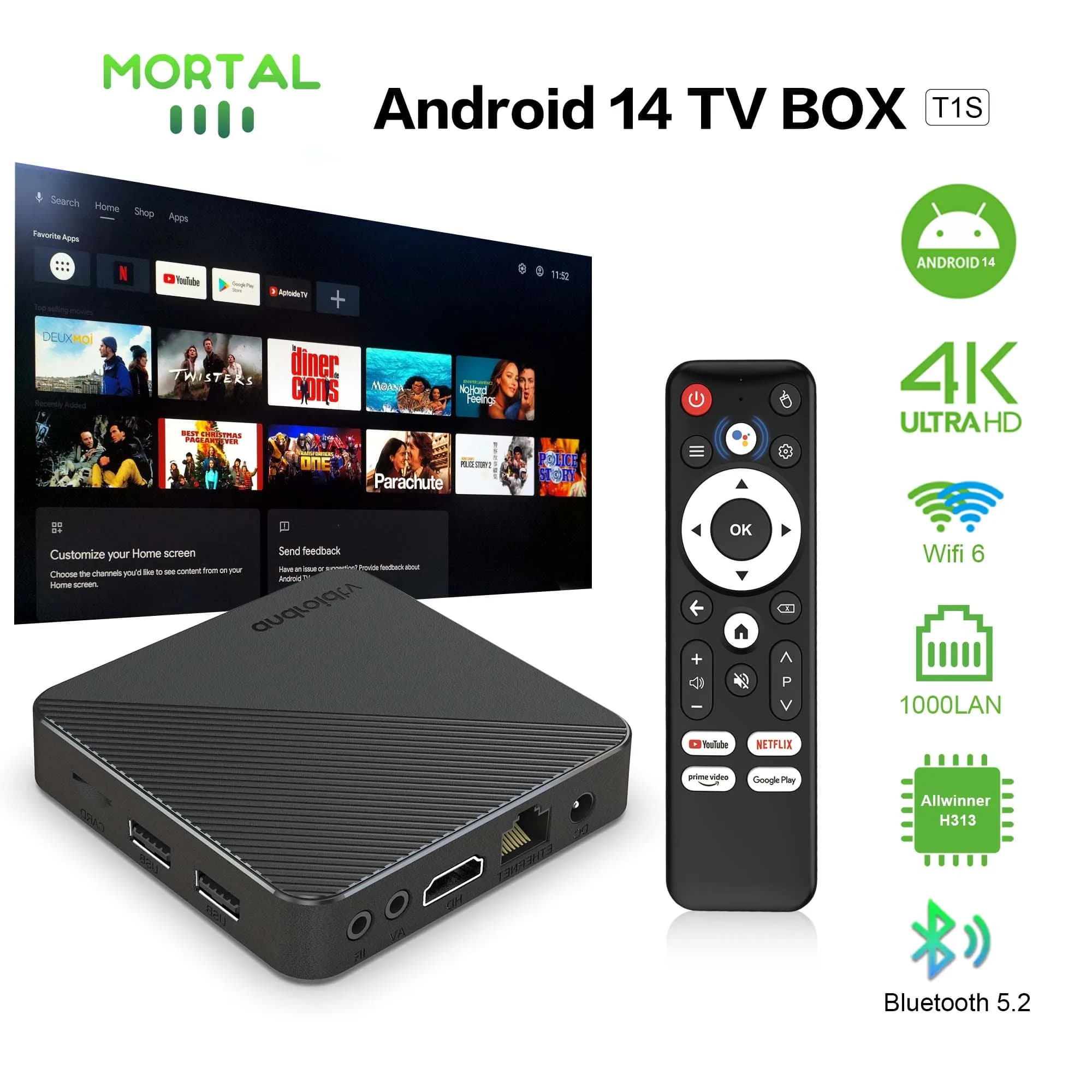 Android14 Smart Home Theater TV Box T1S AllwinnerH313 Chip Quad core Wifi6 1000M Lan Bluetooth Chromecast Lettore multimediale in streaming