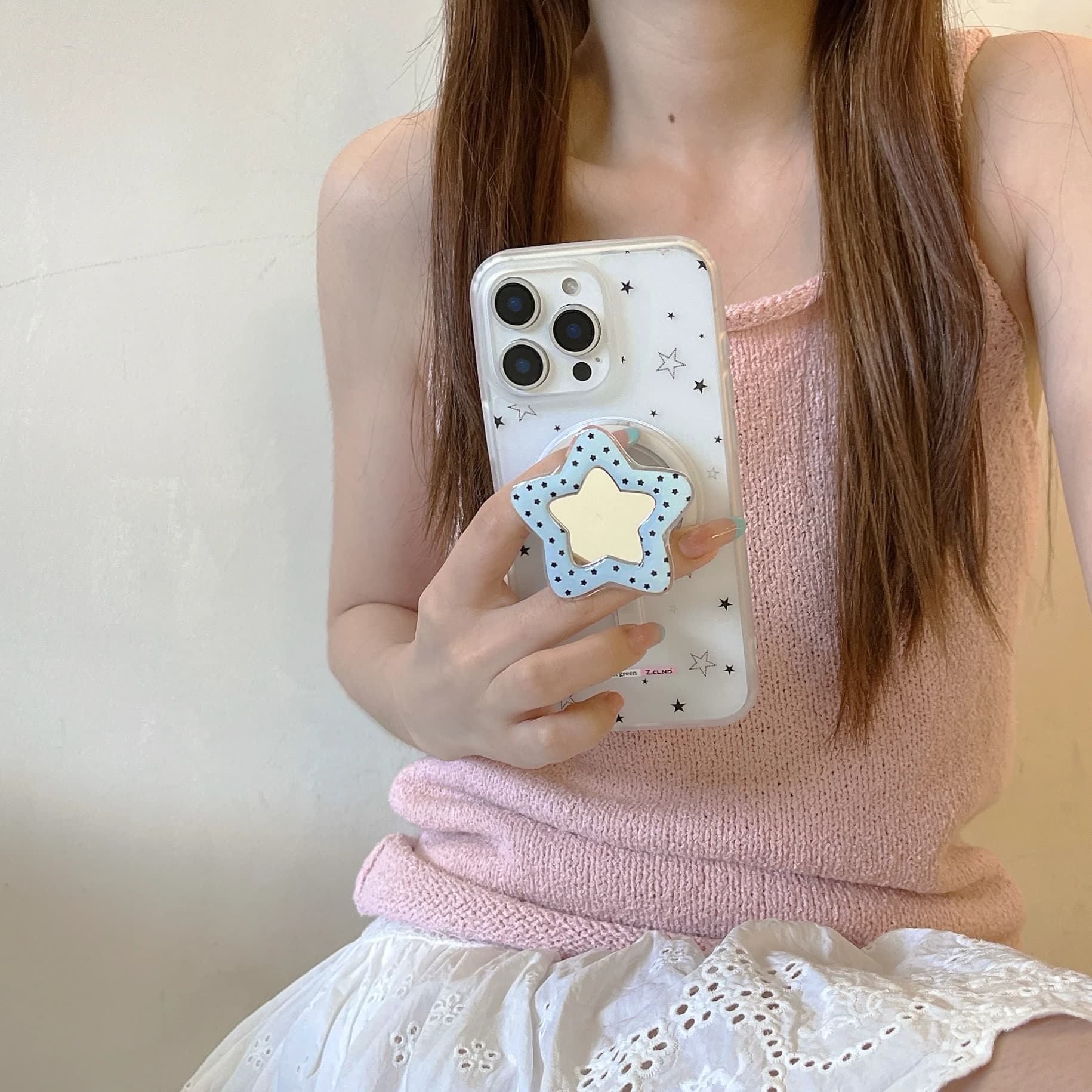 Supporto per telefono 3D a forma di stella con specchio per il trucco e Griptok per iPhone 16/15 14 13 Pro Max - Anello di supporto per ragazze
