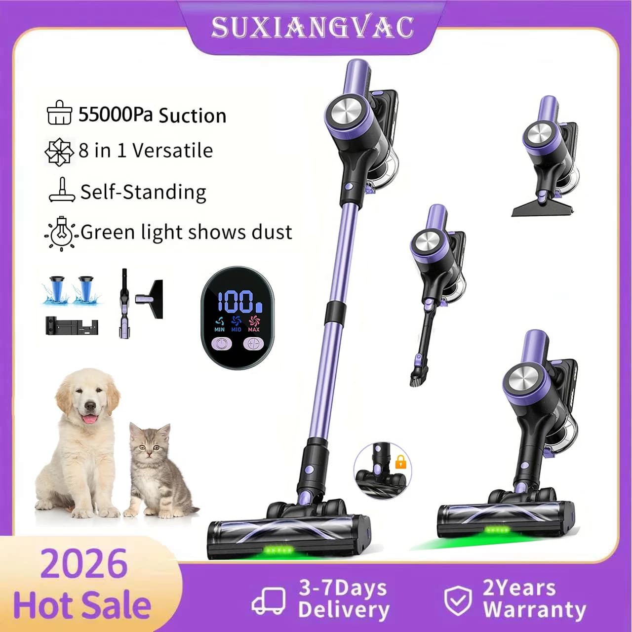 Aspirapolvere Senza Fili Autoportante 500W/55KPA, 60 Minuti di Autonomia, Aspirapolvere Portatile con Schermo LED Intelligente per Tappeti/Peli di Animali