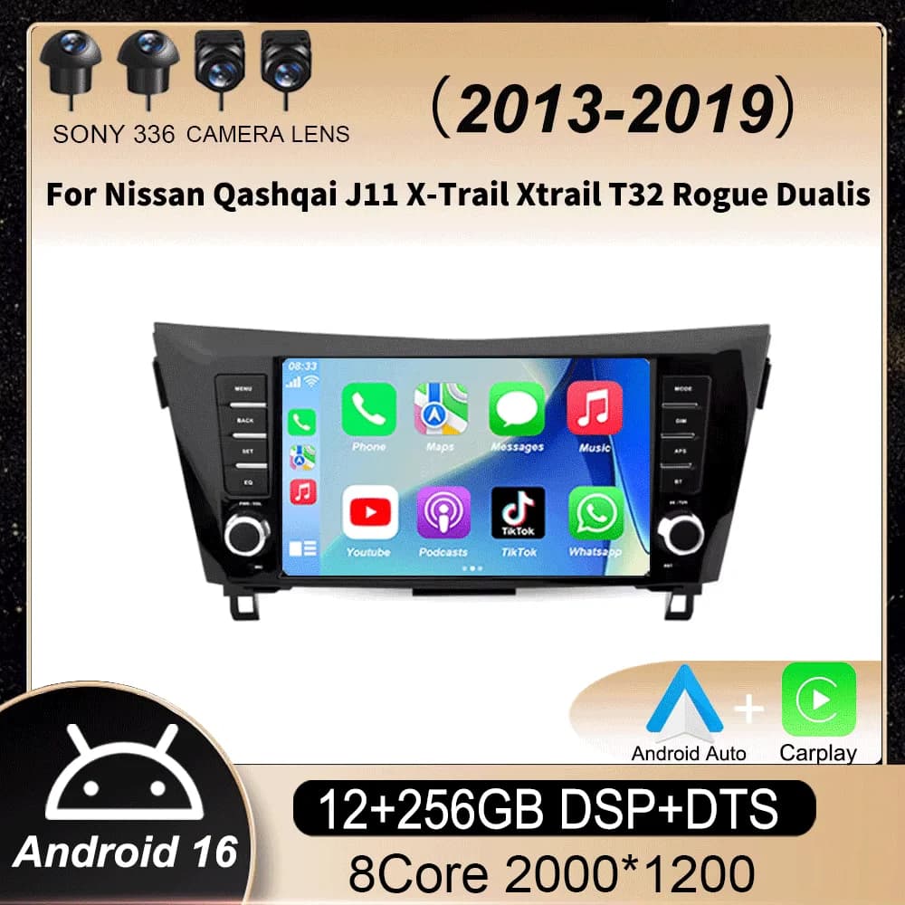 Autoradio multimediale Android 16 da 9 pollici per Nissan Qashqai J11 X-Trail Xtrail T32 Rogue Dualis 2013-2019 con BT e Carplay
