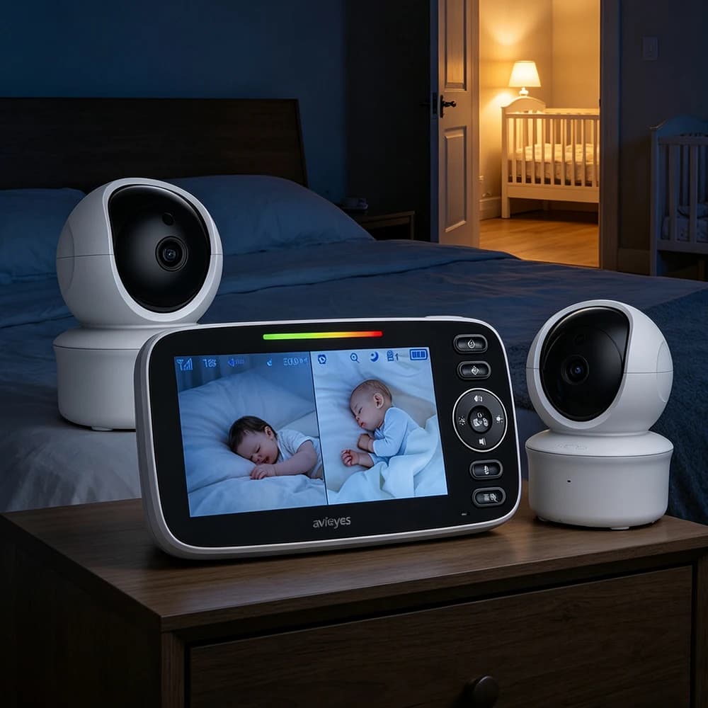 Wireless 4.3 Inch Split‑Screen Baby Monitor 2 Cameras PTZ Two‑Way Audio IR Night Vision Temperature Sensor Lullabies VOX Mode