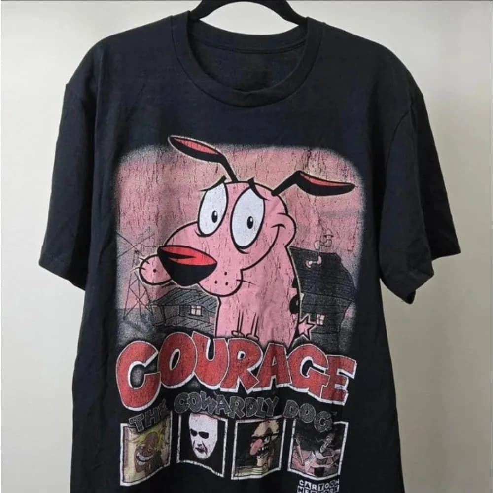 Vintage summer t-shirt with Courage cartoon print, cowardly dog, with short sleeves, with retro graphics, nostalgic streetwear clothing from '90s