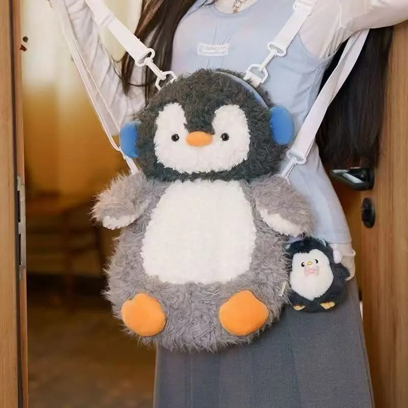 Cute Anime Headphones Penguin Plush Backpacks Kawaii Cartoon Animal Crossbody Bags Funny Plushie Schoolbags for Women Gift