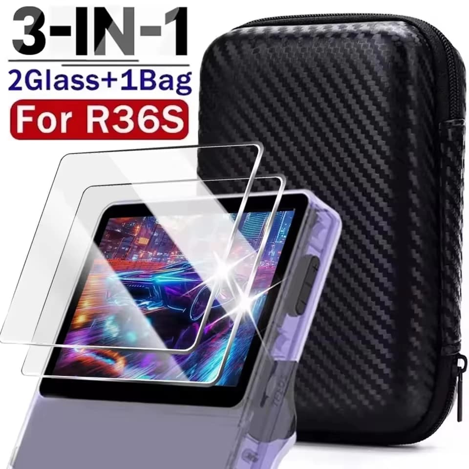 3 IN 1 transport case with tempered glass screen guards for R36S game console protection kits Anti-scratch bag and film