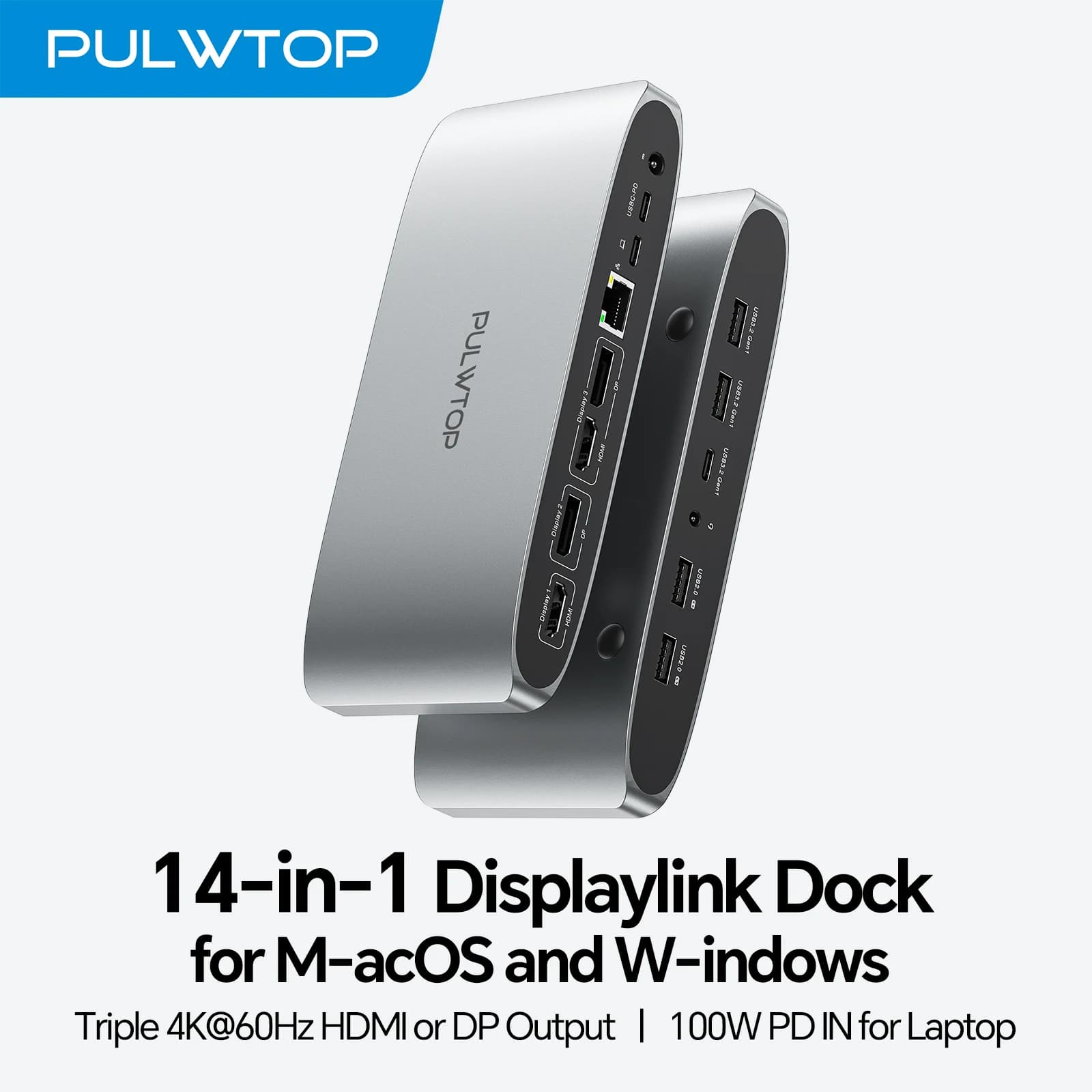 Docking Station Displaylink PULWTOP, Docking Station per Laptop con 2 HDMI, 2 Display Port, PD, USB C Dati, 4 USBA, Ethernet, Audio