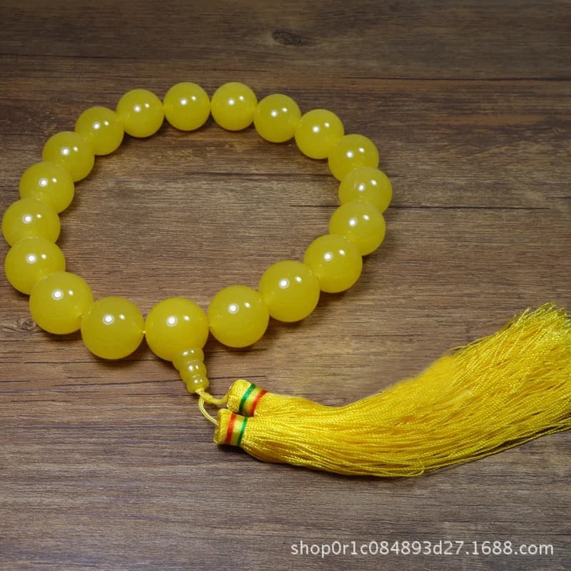 Bracciale in agata calcedonio giallo con 18 perle, adatto da indossare a mano o da appendere all'auto, diametro 20 mm