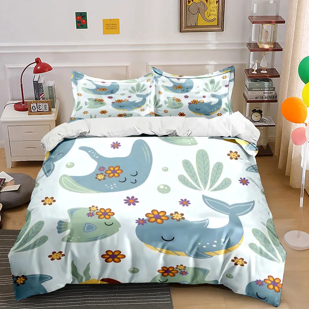 Set di biancheria da letto con stampa floreale di simpatici animali marini, morbido e confortevole, include 1 copripiumino e 2 federe.
