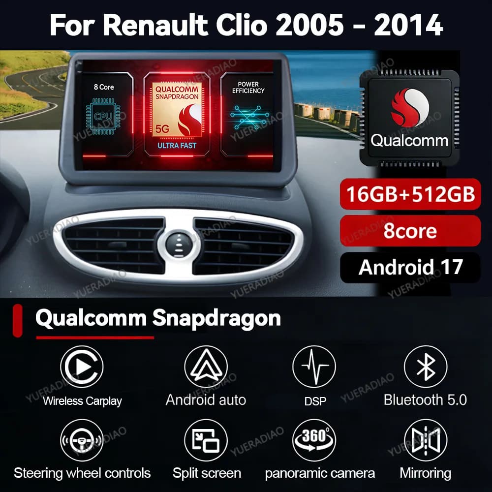 Android 17 CarPlay Auto AI Voice For Renault Clio 3 2005 - 2014 Car Radio Multimedia Stereo Video Player 4G WIFI GPS 2K QLED DSP