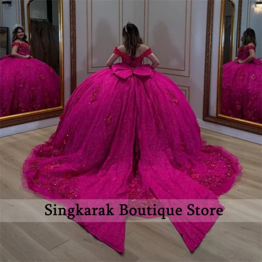 Rosa caldo elegante fiori 3D abito stile Quinceanera per ragazze strass perline fiocco con spalle scoperte abiti da 15 Quinceanera personalizzato