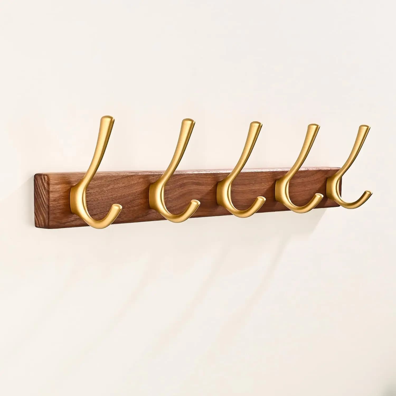 17.3" Walnut Coat Rack Wall Mount, 5 Hooks Heavy Duty Wooden Jacket Hanger for Entryway Bathroom